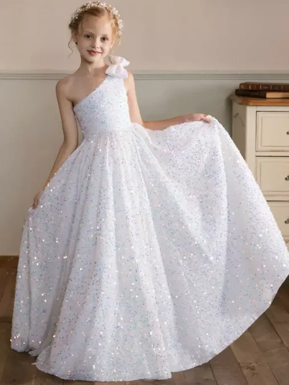 Robes de fille de fleur de mariage Robes d'occasion spéciale Paillettes blanches sans manches