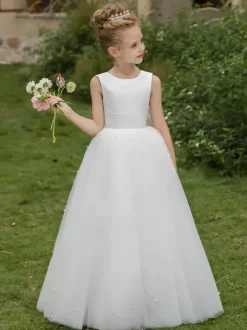 Robes de fille de fleur de mariage Robes d'occasion spéciale Arcs blancs sans manches