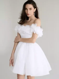 Robes de mariée courtes col bateau sans manches silhouette princesse taille naturelle robe de mariée courte en organza