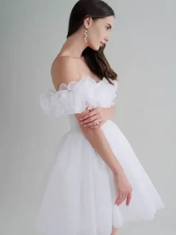 Robes de mariée courtes col bateau sans manches silhouette princesse taille naturelle robe de mariée courte en organza
