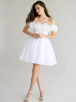 Robes de mariée courtes col bateau sans manches silhouette princesse taille naturelle robe de mariée courte en organza