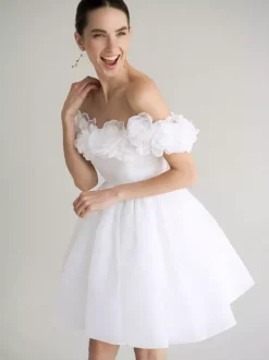 Robes de mariée courtes col bateau sans manches silhouette princesse taille naturelle robe de mariée courte en organza