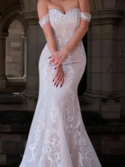 Robes de mariée sirène en dentelle rougeâtre hors de l'épaule bustier à traîne Robe de marige