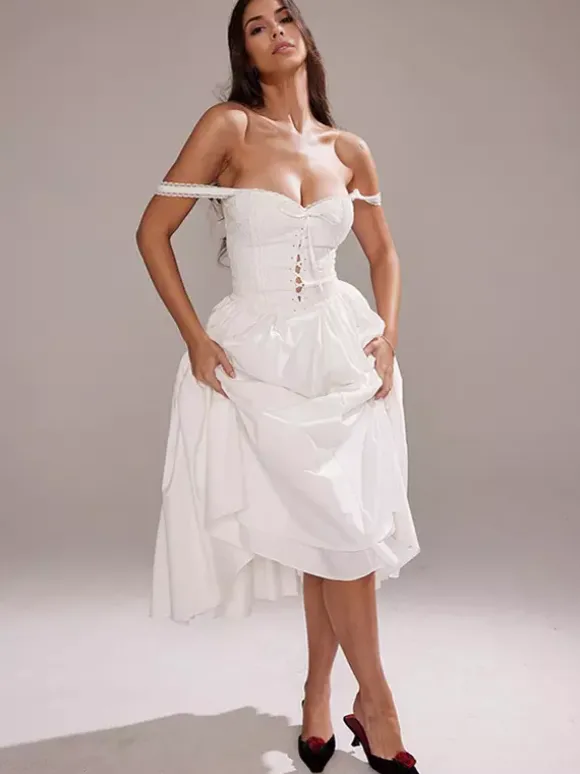 Robes De Soirée Bretelles Blanches Col À Lacets Robe Semi-Formelle Plissée