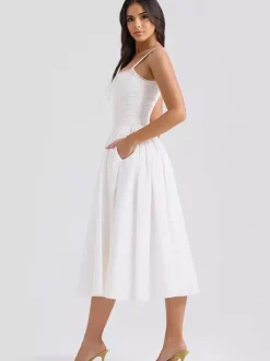 Robes De Soirée Bretelles Blanches Col À Lacets Robe Semi-Formelle Plissée
