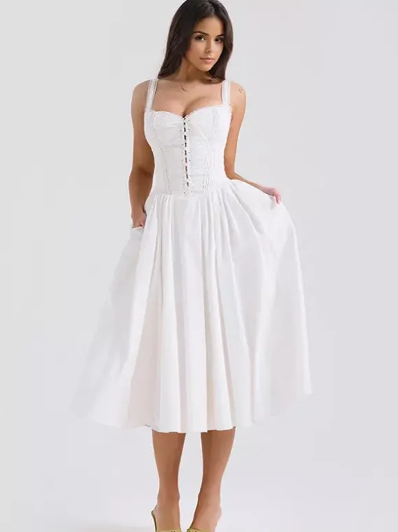 Robes De Soirée Bretelles Blanches Col À Lacets Robe Semi-Formelle Plissée