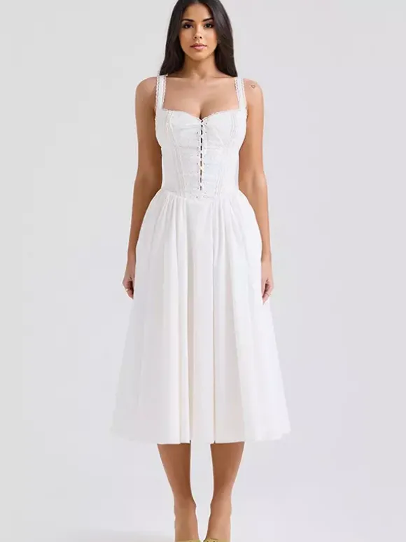 Robes De Soirée Bretelles Blanches Col À Lacets Robe Semi-Formelle Plissée