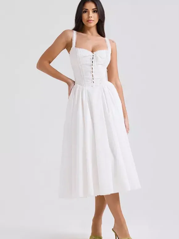 Robes De Soirée Bretelles Blanches Col À Lacets Robe Semi-Formelle Plissée