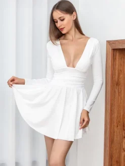 Robes De Soirée Courte Robe Semi-Formelle À Manches Longues Col En V Sexy