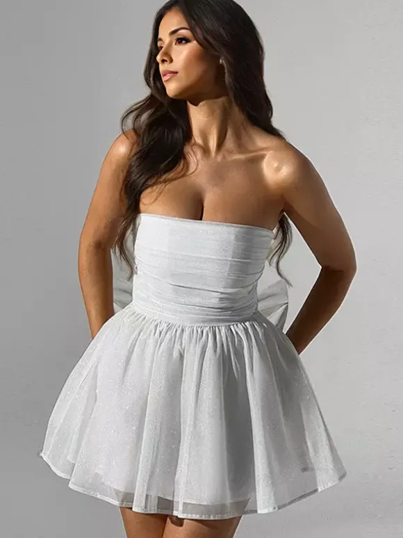 Robes De Soirée Courte Robe Semi-Formelle Sans Bretelles Avec N艙uds En Tulle