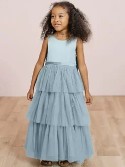 Robes de soirée de mariage robes de dîner doux de mariage robe de fille de fleur robes de fille de fleur sans manches arcs à plusieurs niveaux bleu vert