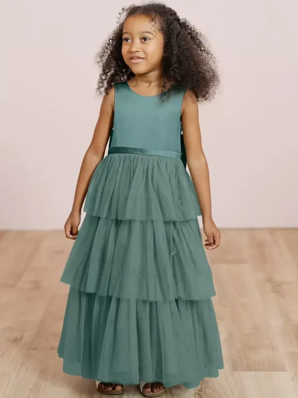 Robes de soirée de mariage robes de dîner doux de mariage robe de fille de fleur robes de fille de fleur sans manches arcs à plusieurs niveaux bleu vert