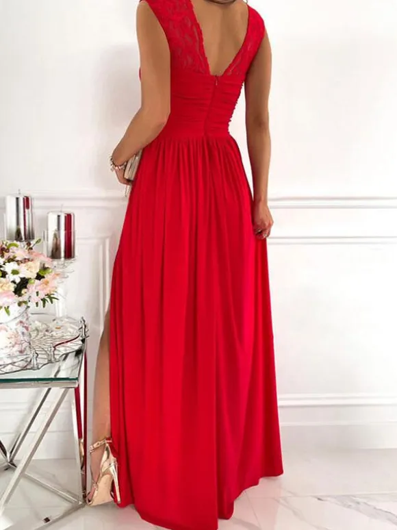 Robes De Soirée Robe Semi-formelle Fendue Sans Manches À Col En C艙ur Abricot