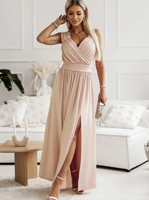 Robes De Soirée Robe Semi-formelle Fendue Sans Manches À Col En C艙ur Abricot