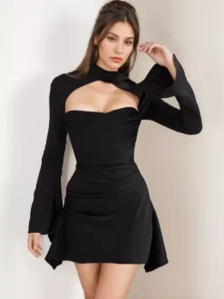 Robes De Soirée Robe Semi-Formelle Col Haut Plissée À Manches Longues