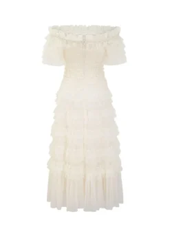 Robes De Soirée Semi-Formelle Col Bateau Volants Manches Courtes À Pois Transparente