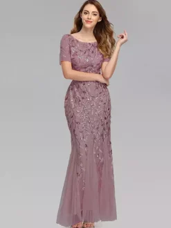 Robes De Soirée Sirène Manches Courtes Robe Maxi Semi-formelle