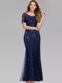 Robes De Soirée Sirène Manches Courtes Robe Maxi Semi-formelle