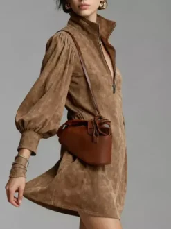 Robes de tous les jours pour femme mini-robes camel à manches longues et col en V taille naturelle