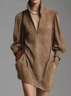 Robes de tous les jours pour femme mini-robes camel à manches longues et col en V taille naturelle