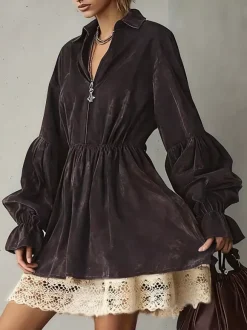 Robes de tous les jours pour femmes mini-robes marron café en dentelle à manches longues et col rabattu