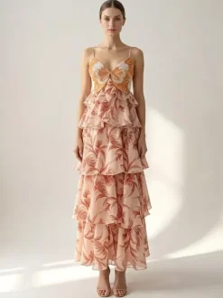 Robes de vacances maxi dos nu à volants sans manches col V chics orange et rouge