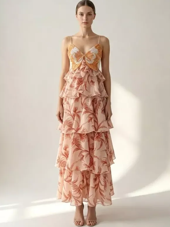 Robes de vacances maxi dos nu à volants sans manches col V chics orange et rouge