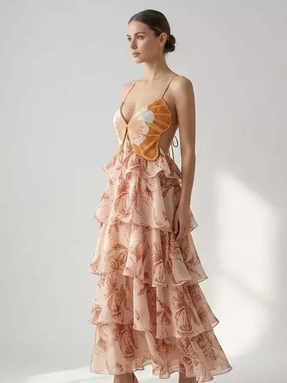 Robes de vacances maxi dos nu à volants sans manches col V chics orange et rouge