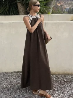 Robes de vacances maxi sans manches bustier rétro marron