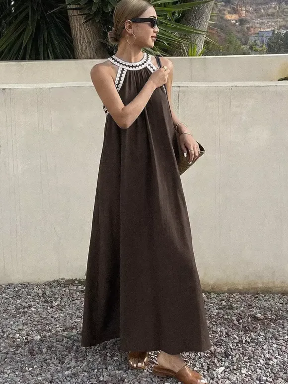 Robes de vacances maxi sans manches bustier rétro marron