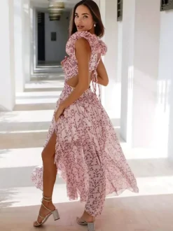 Robes de vacances maxi à volants plissées sans manches à imprimé floral col en V et manches pétales robes orange décontractées