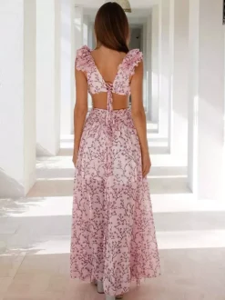 Robes de vacances maxi à volants plissées sans manches à imprimé floral col en V et manches pétales robes orange décontractées