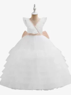 Robes à fleurs blanches pour filles robes pour occasions spéciales en Tulle blanc sans manches col en V robes à fleurs pour filles