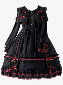 Robes gothiques Lolita avec n艙uds et dentelles et blocs de couleurs Noir Noir