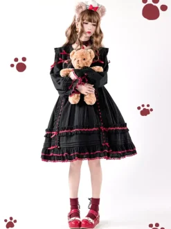 Robes gothiques Lolita avec n艙uds et dentelles et blocs de couleurs Noir Noir