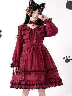Robes gothiques Lolita avec n艙uds et dentelles et blocs de couleurs Noir Noir