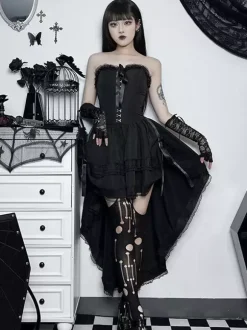 Robes Gothiques Lolita Dentelle Volants Noir Noir