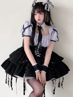 Robes Gothiques Lolita Lacets Steampunk Violet Manches Longues Robe Courte