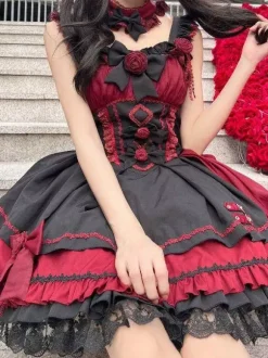 Robes gothiques Lolita à lacets en dentelle à blocs de couleurs rose bleu ciel clair JSK