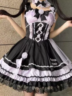 Robes gothiques Lolita à lacets en dentelle à blocs de couleurs rose bleu ciel clair JSK