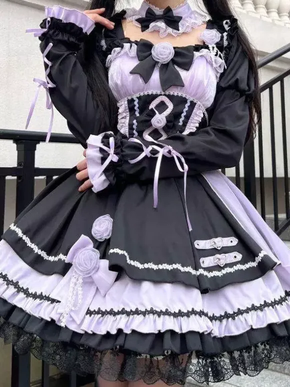 Robes gothiques Lolita à lacets en dentelle à blocs de couleurs rose bleu ciel clair JSK