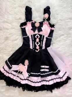 Robes gothiques Lolita à lacets en dentelle à blocs de couleurs rose bleu ciel clair JSK