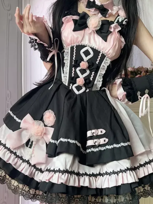 Robes gothiques Lolita à lacets en dentelle à blocs de couleurs rose bleu ciel clair JSK