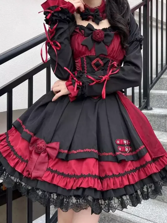 Robes gothiques Lolita à lacets en dentelle à blocs de couleurs rose bleu ciel clair JSK