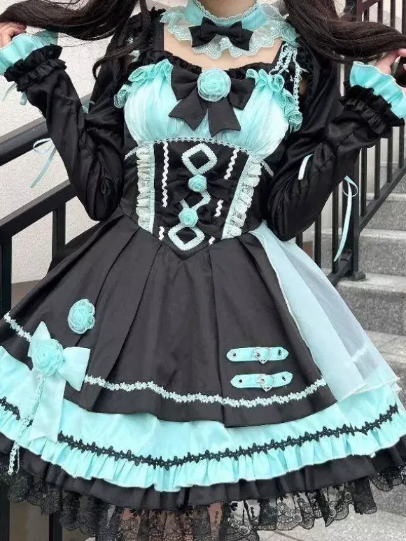 Robes gothiques Lolita à lacets en dentelle à blocs de couleurs rose bleu ciel clair JSK