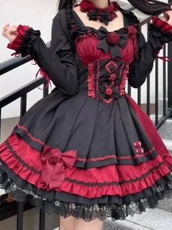 Robes gothiques Lolita à lacets en dentelle à blocs de couleurs rose bleu ciel clair JSK