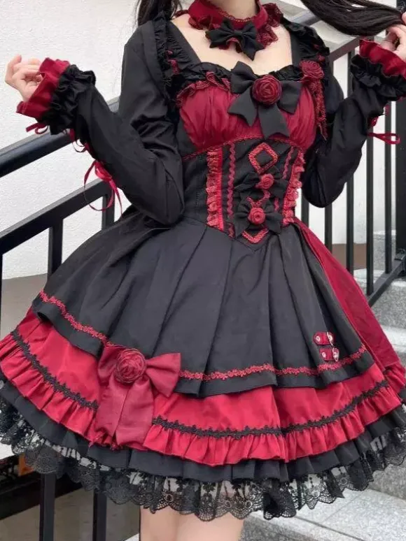 Robes gothiques Lolita à lacets en dentelle à blocs de couleurs rose bleu ciel clair JSK