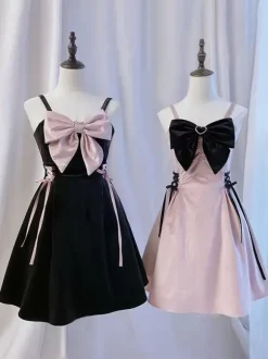Robes gothiques Lolita à lacets avec n艙uds noir rose vintage JSK