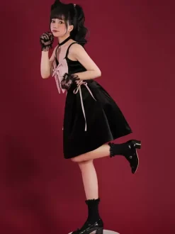 Robes gothiques Lolita à lacets avec n艙uds noir rose vintage JSK