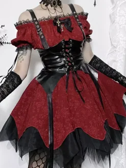 Robes Gothiques Lolita À Lacets Volants Jacquard Color Block Rouge Rouge